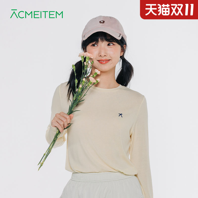 ACMEITEM爱棵米 休闲运动针织长袖T恤简约纯色合身打底衫上衣女士