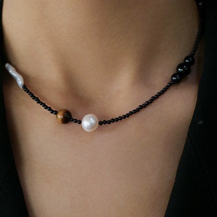 珍珠拼接项链天然淡水虎眼石黑玛瑙美拉德串珠小众设计高级锁骨链