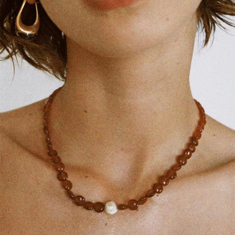 法式红玛瑙项链手链巴洛克天然珍珠轻奢小众设计高级感中古锁骨链