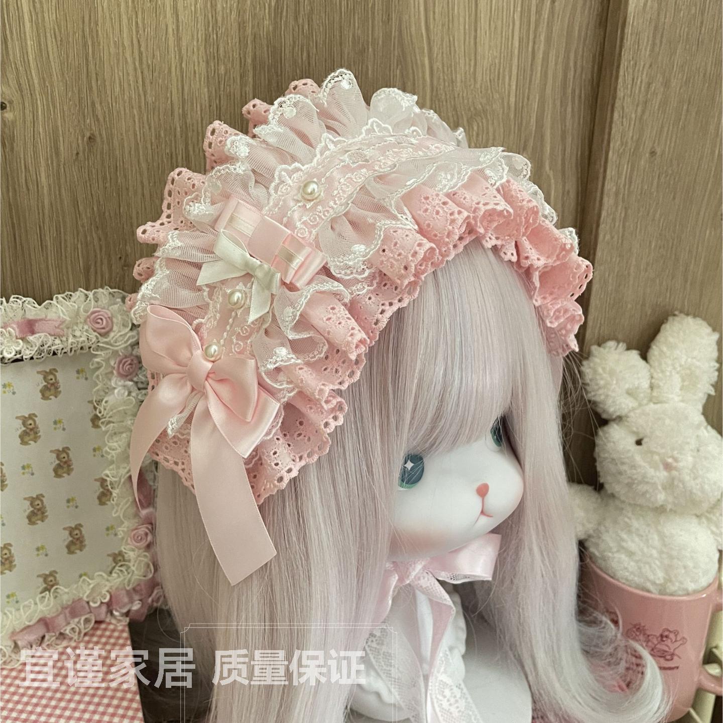新款甜妹洛丽塔发带粉色蕾丝珍珠结发箍软妹日常头饰