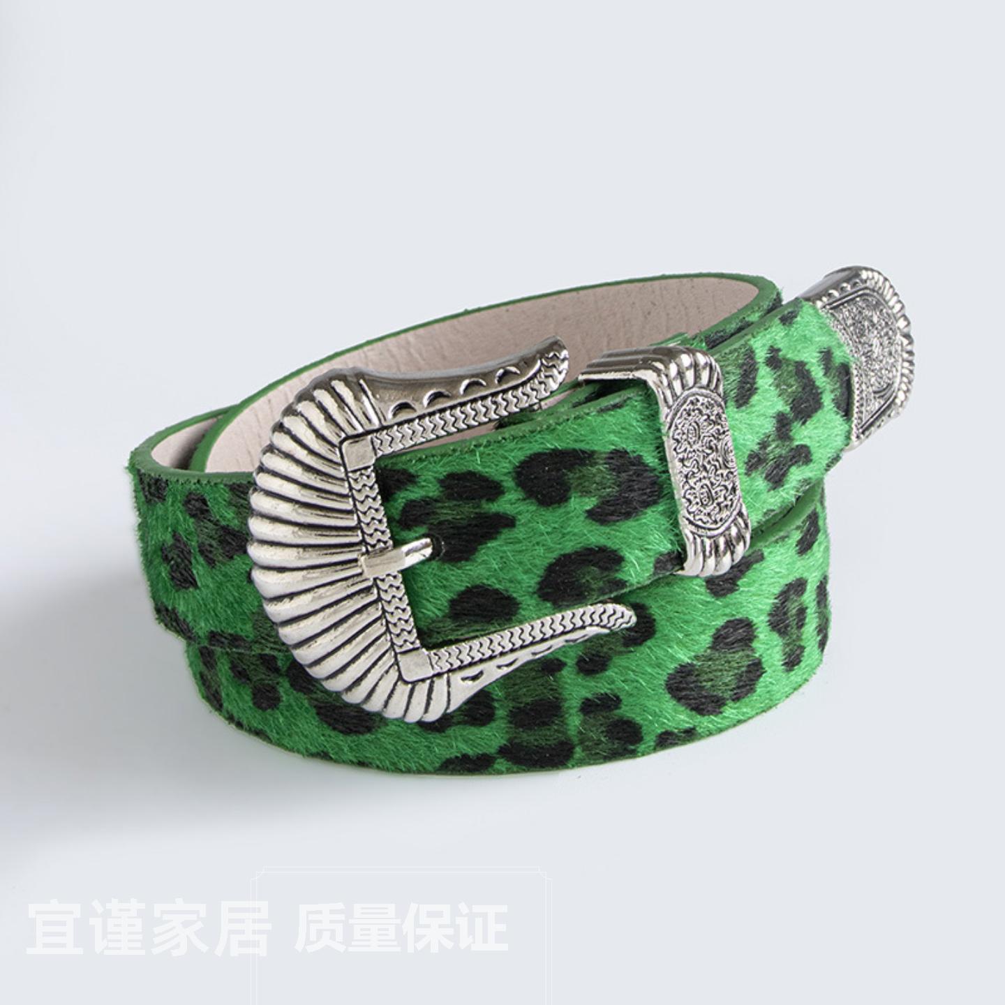 新款复古雕花仿马毛豹纹时尚2多巴胺西部扣皮带女腰带