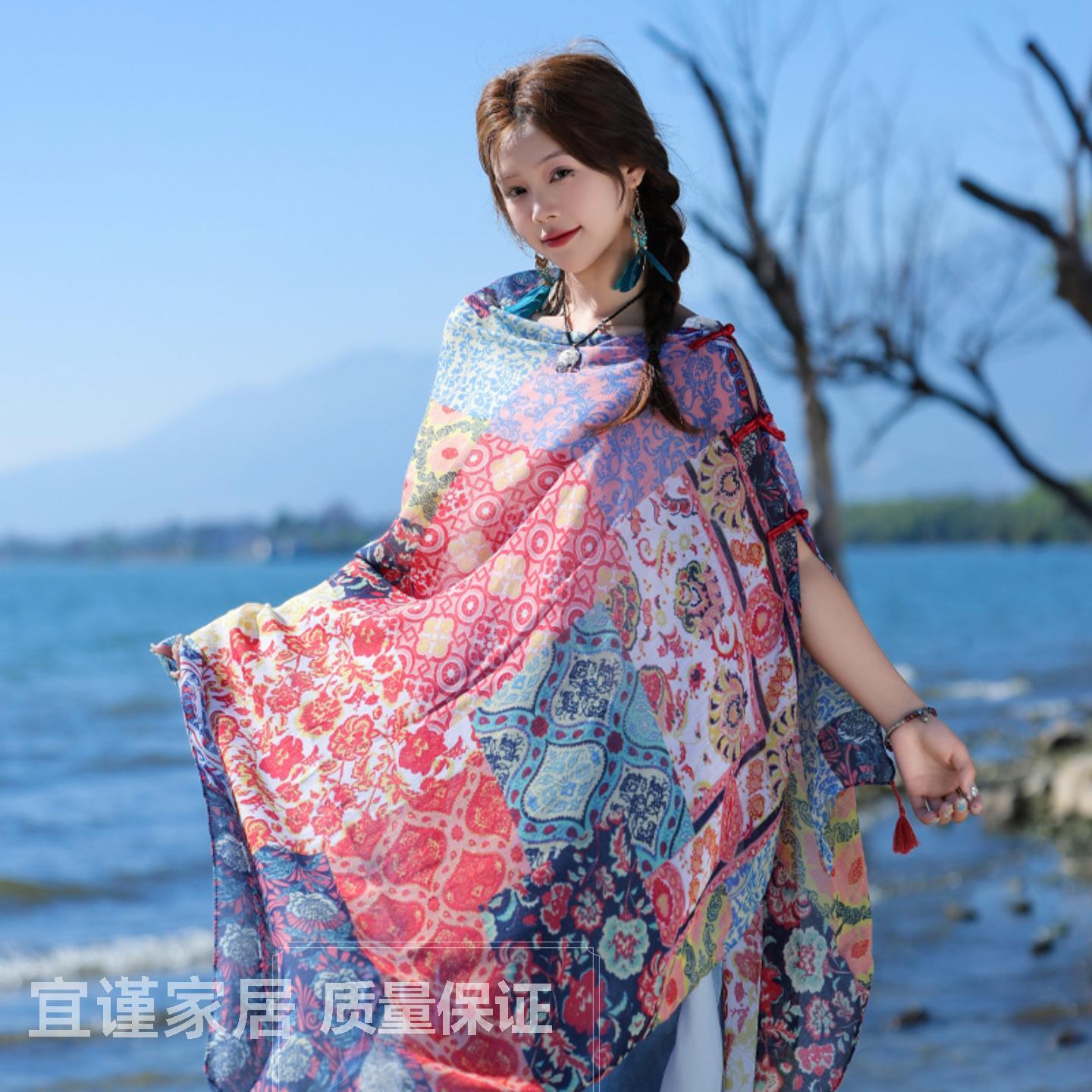 夏季旅游民族风披肩手工复古盘扣防晒棉麻披肩罩衫百搭沙滩巾