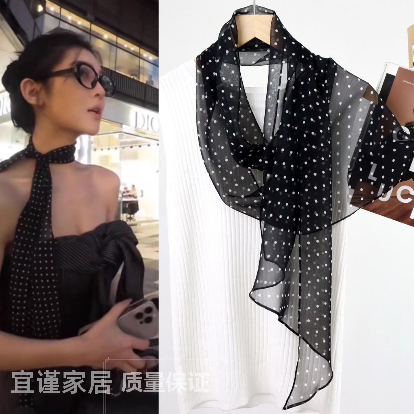 法式赫本风桑蚕丝夏季度假乔其纱复古波点斜角丝巾女洋气百搭长巾