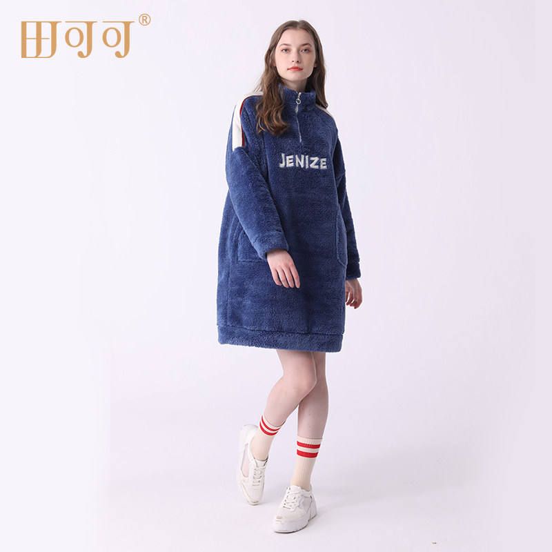 女士睡衣秋冬新款北极绒连体睡衣女睡裙休闲家居服加厚保暖可外穿