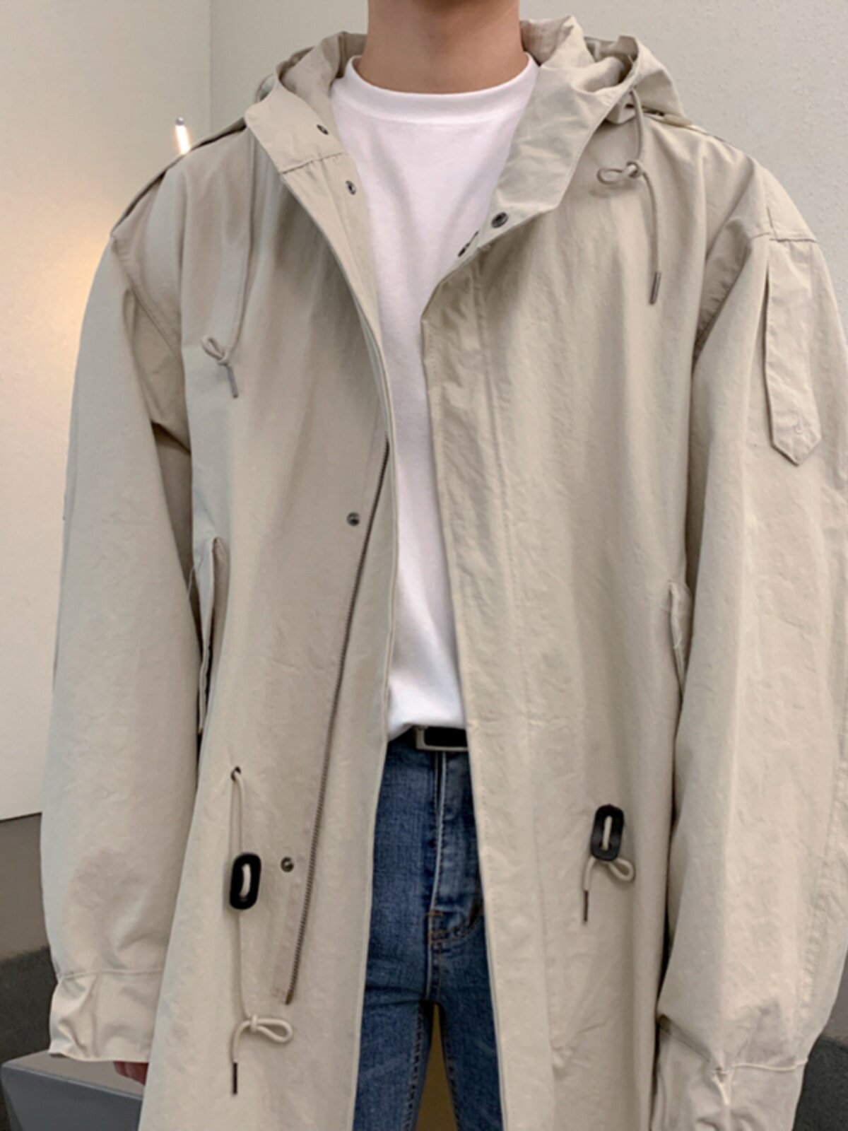 IT INS TRENDY KOREAN VERSION HOODED JACKET MENS AUTUMN AND WINTER JACKET FLEECE DRAWSTRING AND SLIT MIDI COAT