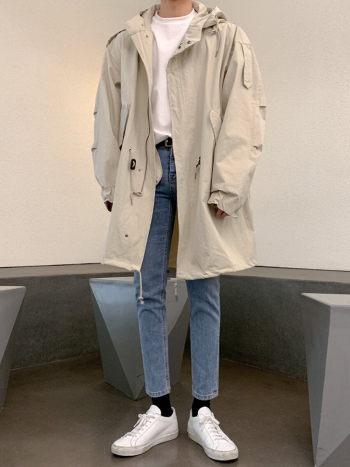 IT INS TRENDY KOREAN VERSION HOODED JACKET MENS AUTUMN AND WINTER JACKET FLEECE DRAWSTRING AND SLIT MIDI COAT