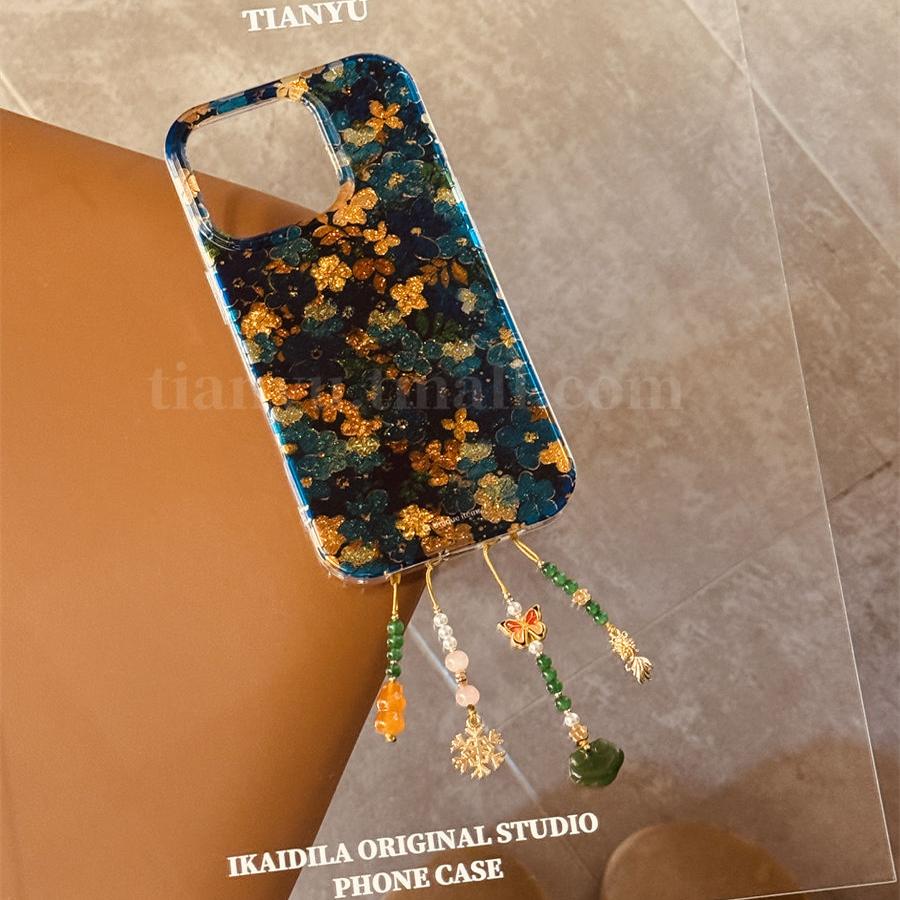 恬妤 复古文艺闪粉花朵适用于iphone16手机壳苹果13promax小众15雪花流苏挂件15pro春天14新款防摔16pro时尚