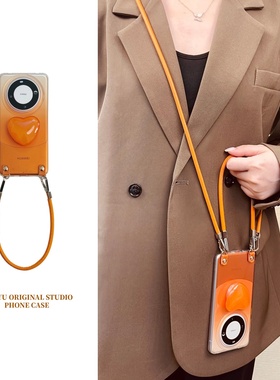 恬妤 高级渐变橙色爱心支架适用于华为Mate70手机壳pura80pro+极简风mate60pro斜挎p80手挂绳p70pro小众mt60