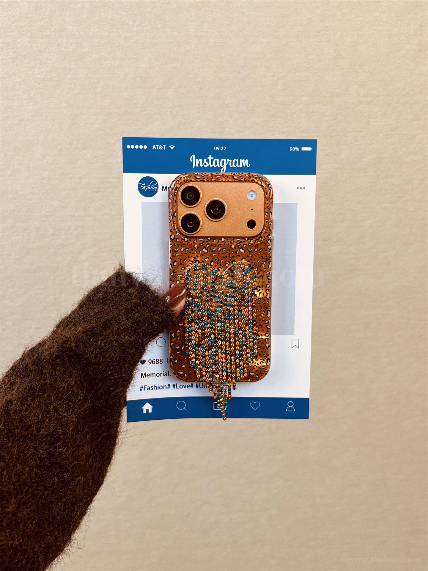 Tian Yu vintage orange leopard print glitter heart tassel for iPhone 17 Pro Max case, trendy and unique for Apple 17, stylish 15 Pro drop-resistant, 16 niche protective case, 14 Pro fashionable