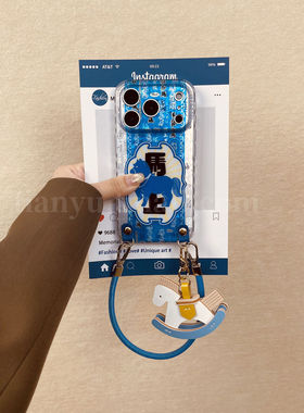 恬妤 中国风蓝色百福图小马挂件适用于华为mate70pro手机壳pura70pro+复古mate60本命年p80pro新款m70斜挎式