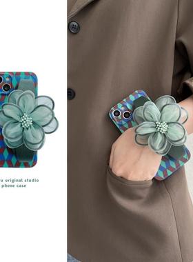 绿色纱花腕带适用于苹果14pro手机壳iPhone13pro复古撞色12promax文艺11可背带14pormax斜挎13promax夏天绿色