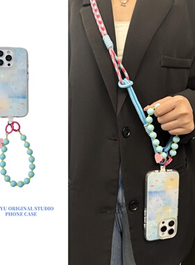 恬妤 梦幻可爱蓝色晕染Kt猫适用于苹果16手机壳iphone15promax小众14pro珠子手链14斜挎16pro背带12pm小清新