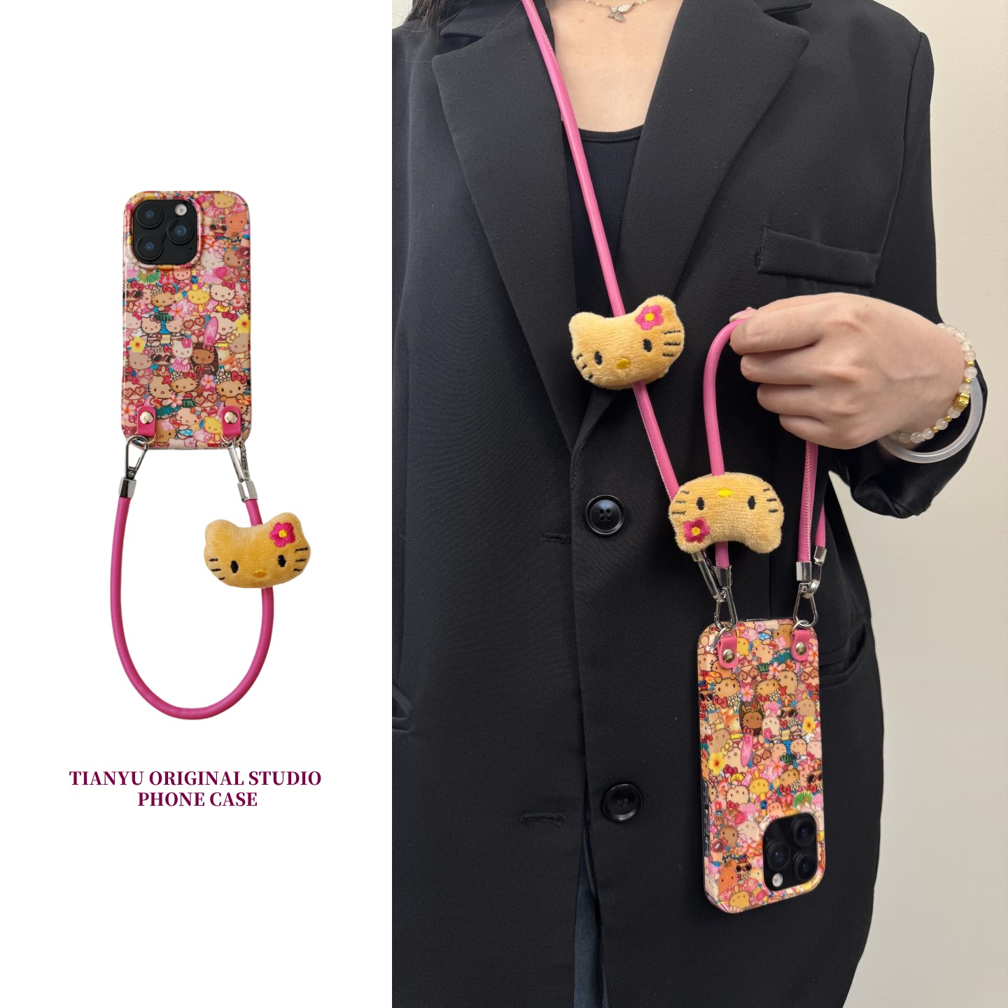 恬妤 夏天度假黑皮kt猫斜挎挂绳适用于iphone16promax手机壳苹果13可爱甜美15pro手拎14卡通16pro外壳16公仔