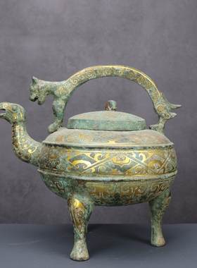 错金商代提梁凤头盉铜祥德工艺博物馆制作家居工艺品摆件高档礼品