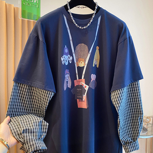 胖妹妹大码200斤卡通印花格子撞色袖子假两件长袖T恤女秋冬季上衣