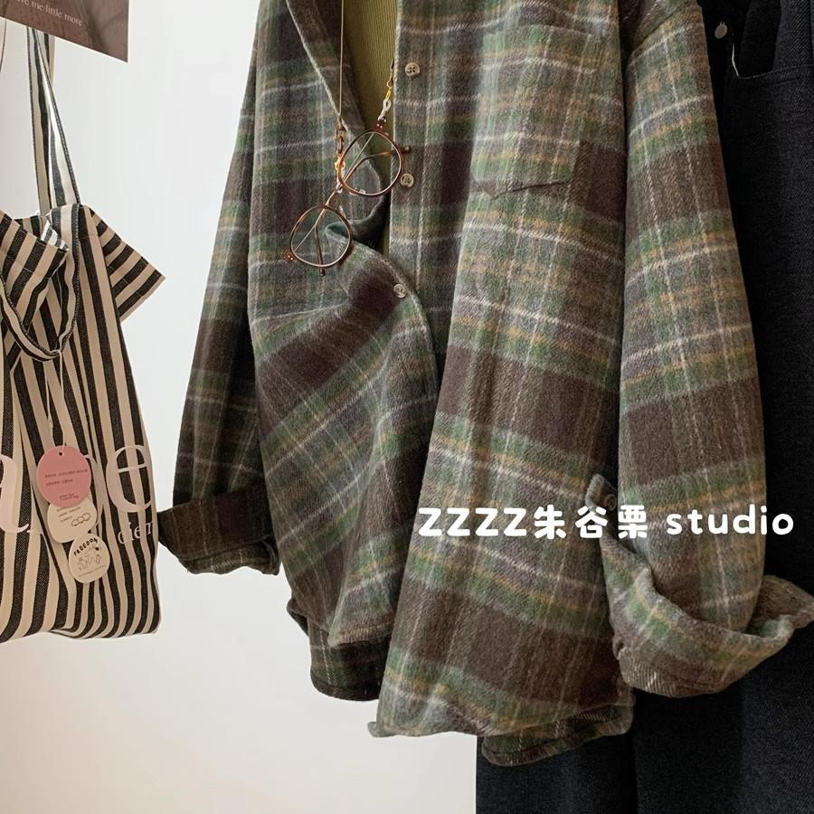 特大码300斤撞色格子毛呢衬衫