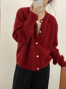 特大码300斤本命年红色针织开衫冬季加厚漂亮小衫毛衣外套女胖MM