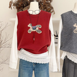 胖妹妹大码200斤马年新衣卡通小马提花背心针织衫女韩系叠穿上衣