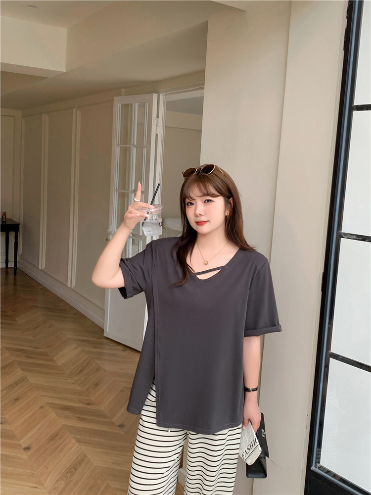 特大码300斤纯色纯棉斜带子宽松大版下摆开叉短袖T恤女夏胖MM上衣