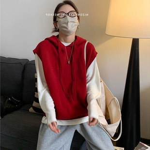 胖妹妹大码200斤简约帽子叠穿美利奴羊毛针织连帽马甲背心女秋冬