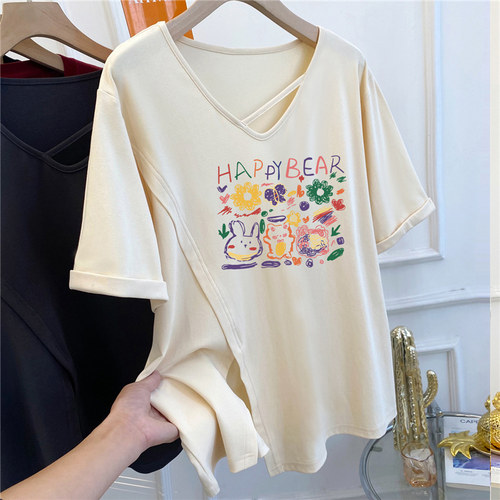 特大码300斤卡通图案印花开叉T恤