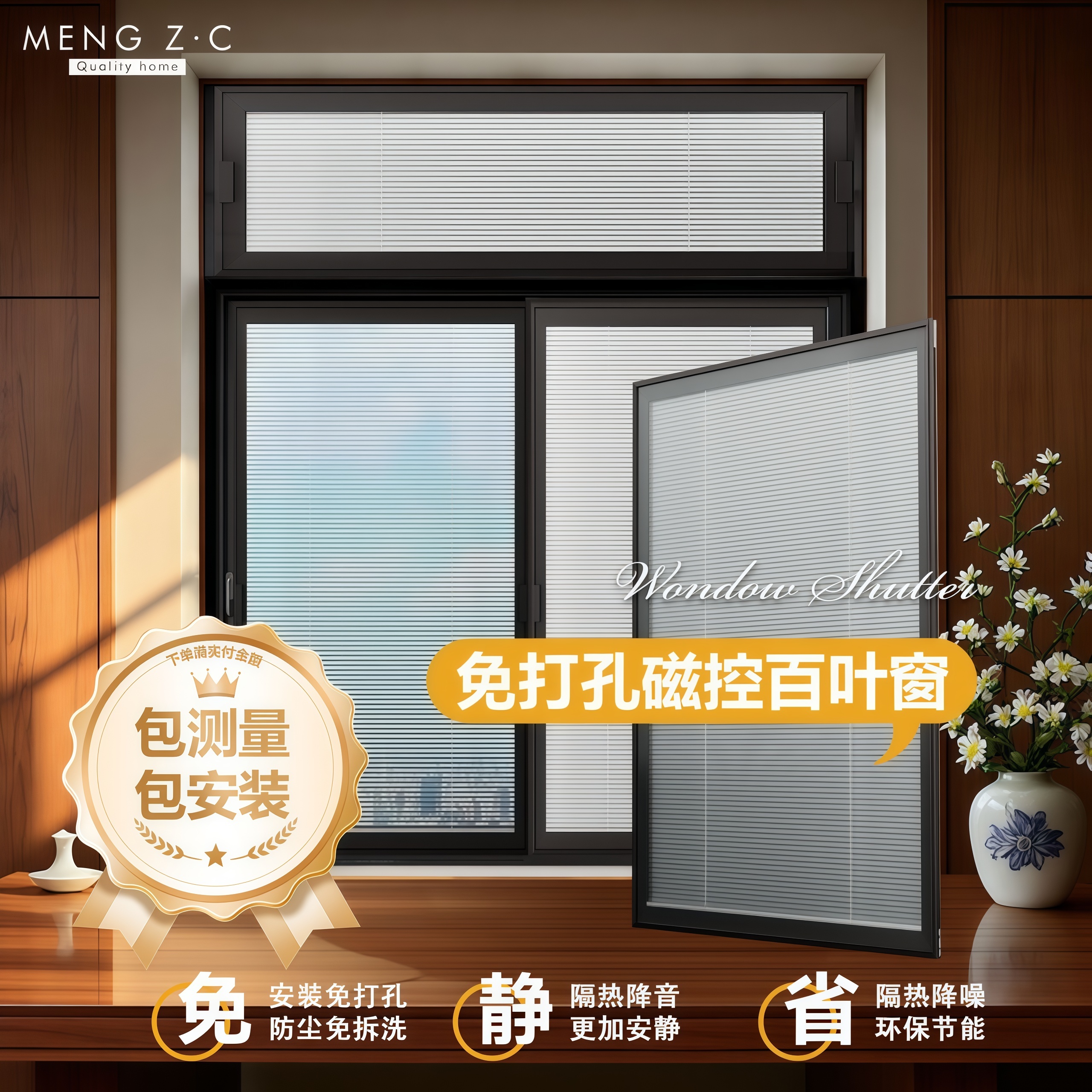 免打孔遮光磁控百叶单玻璃内嵌式