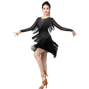 拉丁舞裙表演服女新款国标舞伦巴比赛舞蹈团体演出性感烫钻流苏裙