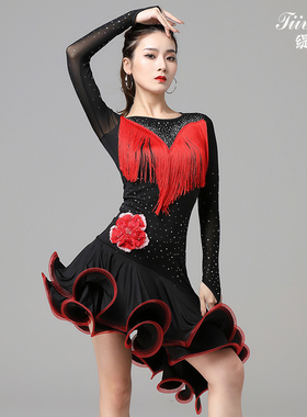 拉丁舞裙表演服女交际舞比赛舞蹈连衣裙伦巴团体演出性感流苏裙