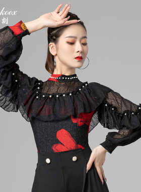 摩登舞拉丁舞衣女伦巴恰交际登舞华尔兹国标舞长袖荷叶边连体衣
