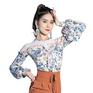 拉丁舞上衣女新款摩登舞国标舞交际舞华尔兹灯笼长袖连体衣练功服