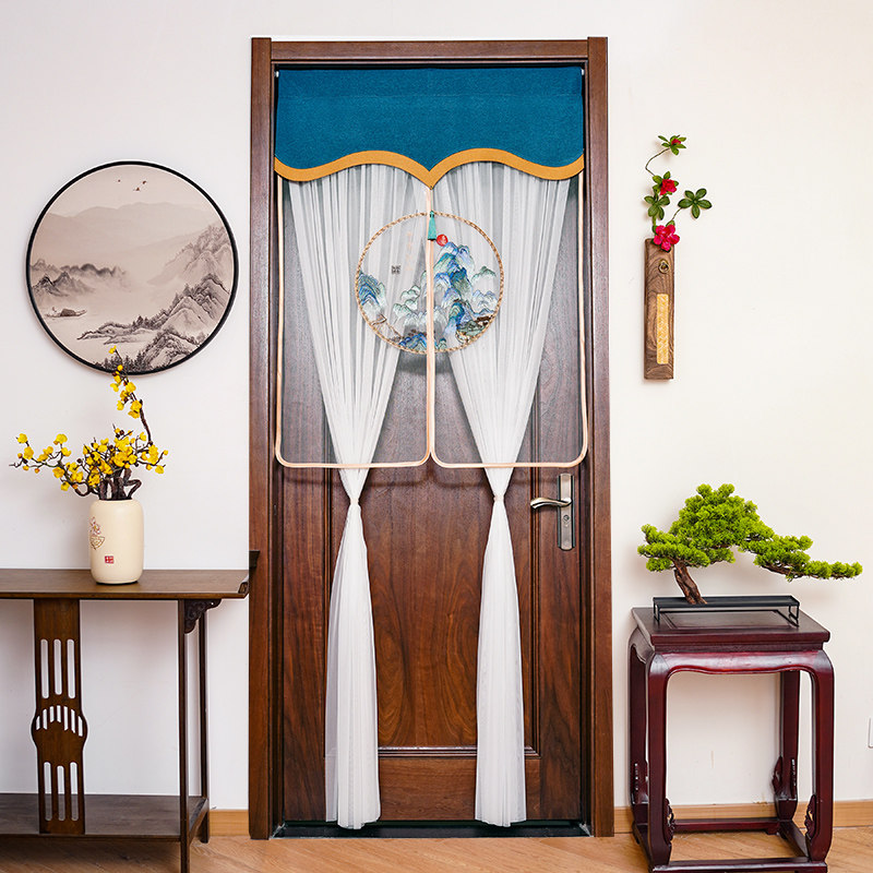 中式门帘隔断帘卧室厨房遮挡帘中国风刺绣纱门家用免打孔帘子新品