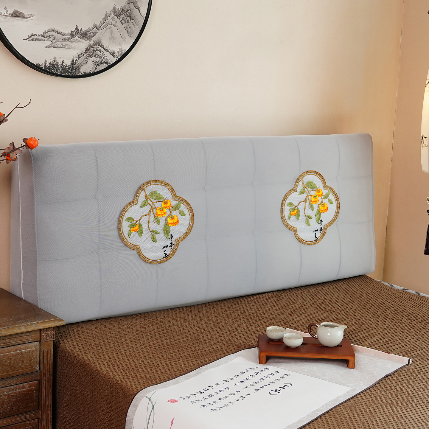 中式刺绣透明弹力防尘免洗床头罩