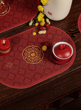 红色椭圆皮革餐桌垫结婚新中式碗垫防水防油免洗隔热垫酒店西餐垫