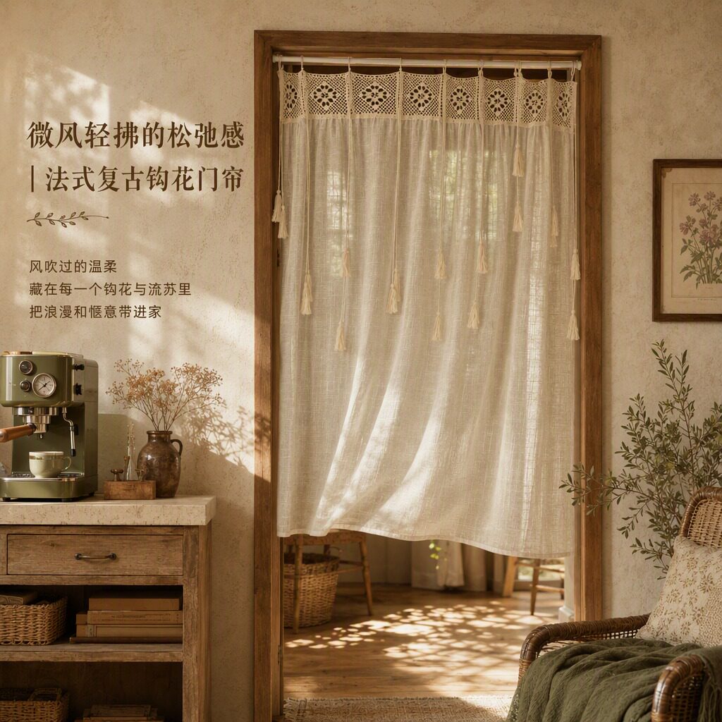 原木风门帘隔断帘复古蕾丝钩花系带流苏布艺半帘免打孔厨房遮挡帘