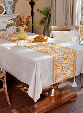 复古禅意桌旗姜黄色花纹长条餐桌餐垫斗柜电视柜装饰茶几台布茶席