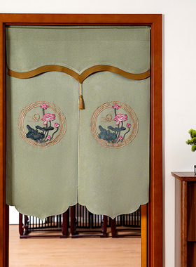 淡雅绿色刺绣门帘隔断帘家用遮挡帘苏绣帘子免打孔中式布艺棉门帘