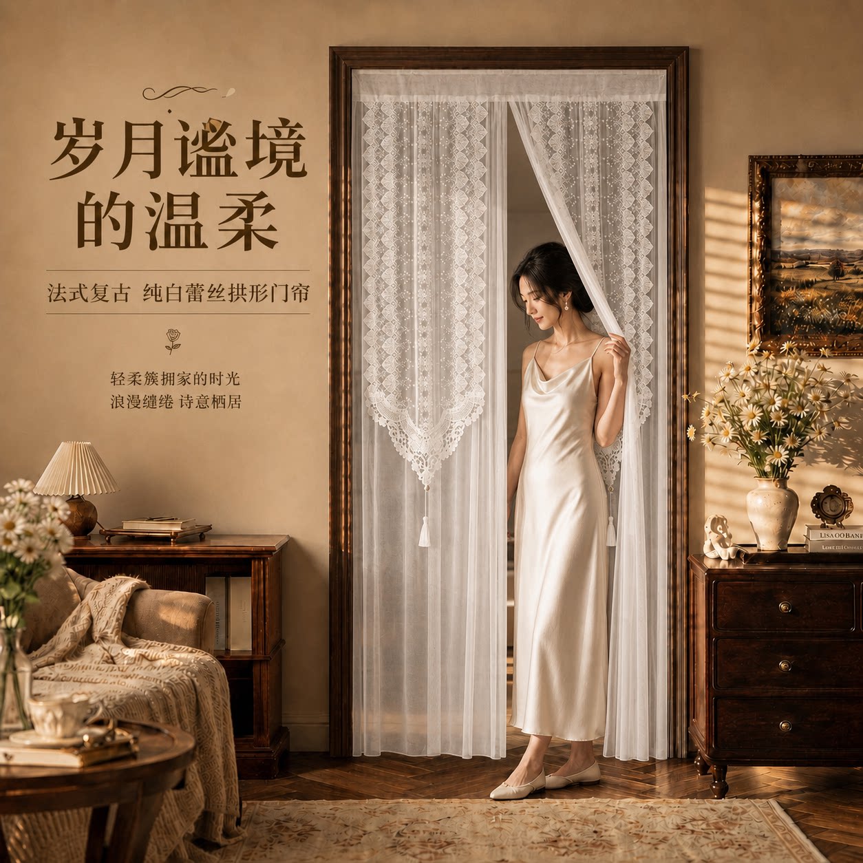 中古风蕾丝透光不透人免打孔门帘图片