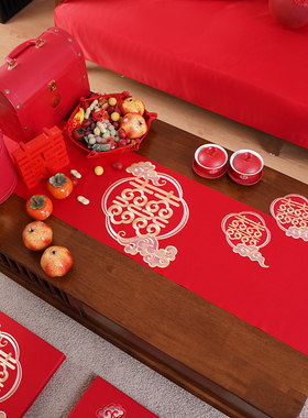 婚礼用桌旗结婚红色餐桌旗布防水长条桌布婚礼茶几装饰布斗柜盖布