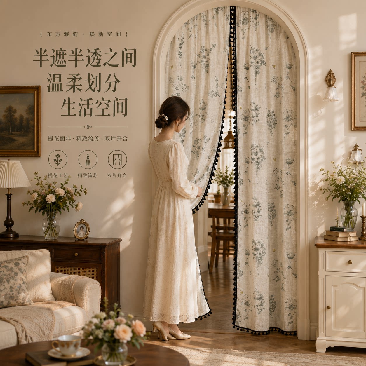复古拱形隔断门帘免打孔薄纱门帘图片