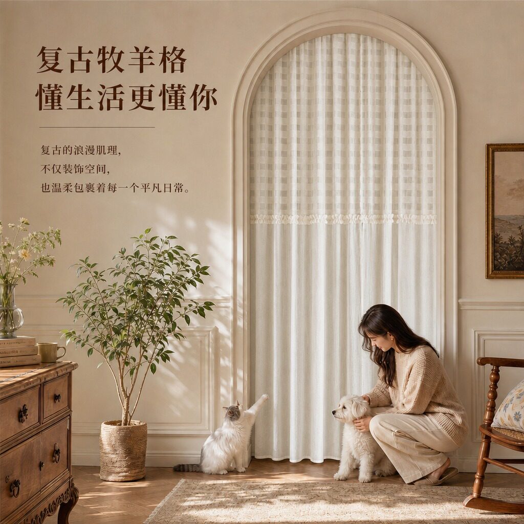 复古拱形门帘格子纱帘客厅卧室装饰帘奶油风家用高档免打孔隐私帘