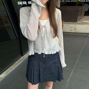 女装 上衣韩系针织春季 防晒十三行开衫 衫 木耳边0968MOXI新款