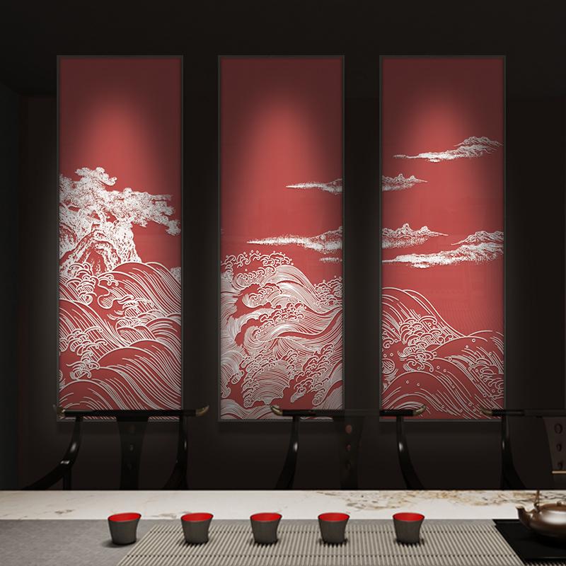 新中式高档客厅沙发背景墙立体浮雕壁画入户玄关抽象山水装饰挂画