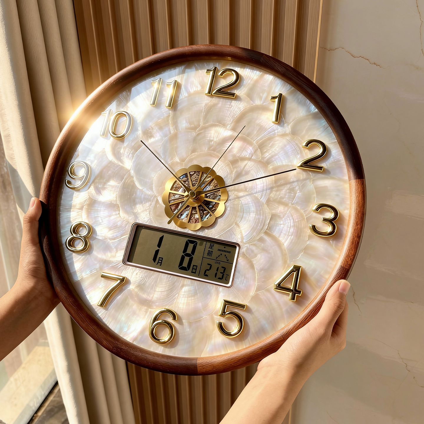 欧式轻奢贝壳客厅高级感挂钟家用复古挂墙大气美式实木挂表时钟表,家居饰品,挂钟,淘宝优惠券,粉丝福利购,淘宝优惠卷