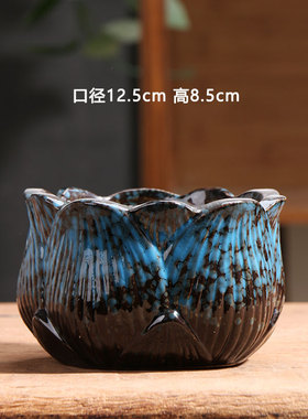 中号蓝色莲花多肉花盆陶瓷特价简约家用阳台陶土粗陶花盘陶盆清仓