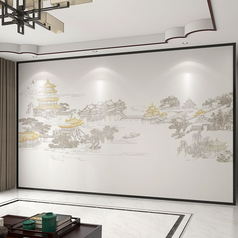 壁画定制3d立体新中式水墨山水画D电视背景墙壁纸客厅壁布茶室墙