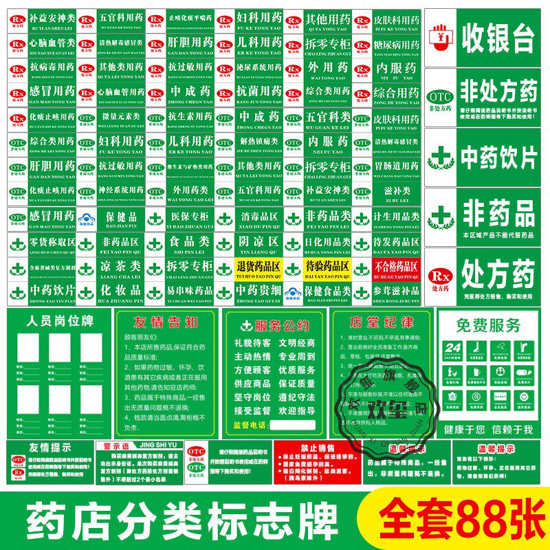 药店分类标识牌全套药品分区吊牌温馨提示语警示牌标示牌药房贴纸标签GSP认证全套定制温馨提示牌标志牌定制