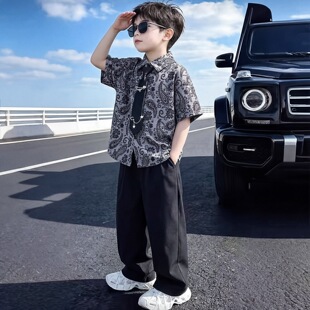 男童夏装花衬衫套装2026新款儿童帅气短袖两件套小少爷港风衣服潮