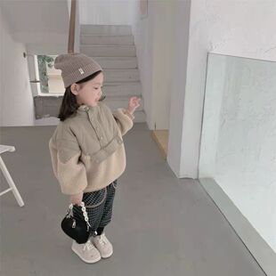 韩国冬款儿童棉衣男女宝宝宽松拼接羊羔毛加绒卫衣中小童加厚外套