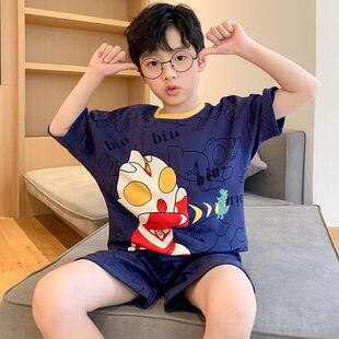 奥特曼男童睡衣100纯棉夏季薄款短袖短裤男孩宝宝儿童家居服套装