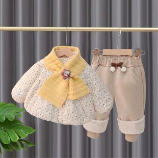 女童冬装套装2025新款巨好看女宝宝加绒裤子秋冬季碎花棉服儿童装